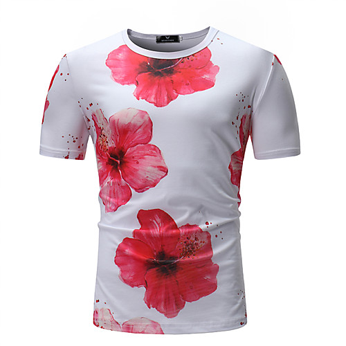

Men's T shirt Color Block Geometric Floral Patchwork Print Tops Cotton White