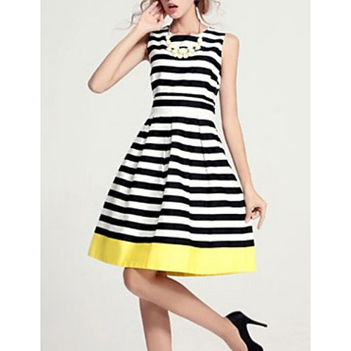 

Women's Sheath Dress Knee Length Dress Black Sleeveless Striped Summer Round Neck Simple Slim Striped S M L XL XXL