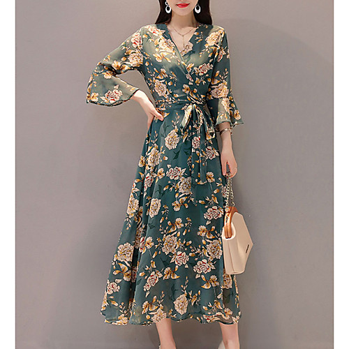 

Women's Swing Dress Maxi long Dress Yellow Green Red 3/4 Length Sleeve Floral Print Summer V Neck Going out Slim S M L XL XXL / High Waist