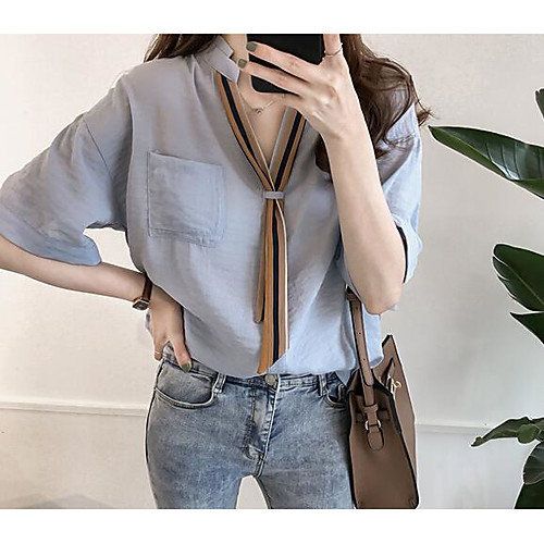 

Women's Shirt Solid Colored Short Sleeve Daily Tops Basic White Blue