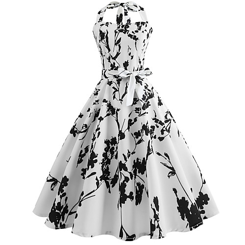 

Women's Swing Dress Knee Length Dress White Sleeveless Trees / Leaves Print Spring Summer Halter Neck Vintage Going out Slim S M L XL XXL / Cotton / Cotton