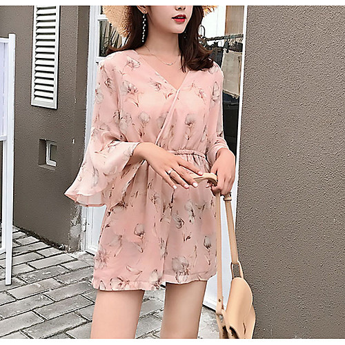 

Women's Daily Work V Neck Blushing Pink Romper Floral