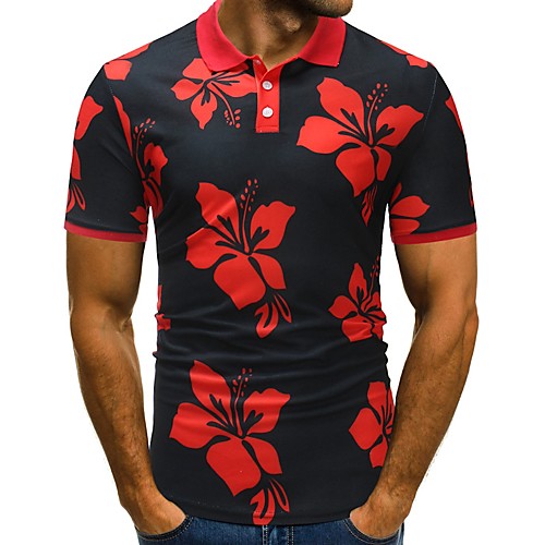 

Men's Golf Shirt Floral Short Sleeve Daily Tops Cotton Basic Round Neck White Red