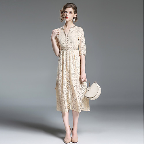 

Women's Sheath Dress Midi Dress Beige Half Sleeve Plaid Solid Colored Geometric Embroidered Split Cut Out Summer V Neck Vintage Party Slim S M L XL / Cotton / High Waist / Lace / Cotton
