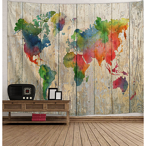

Wall Tapestry Art Decor Blanket Curtain Picnic Tablecloth Hanging Home Bedroom Living Room Dorm Decoration Colorful World Map Topography Wood Board Plank Style