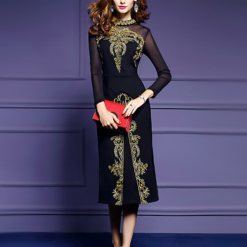 

Women's Bodycon Midi Dress Black Long Sleeve Black Solid Colored Split Mesh Fall Spring Stand Collar Going out S M L XL XXL 3XL / Cotton / Plus Size / Plus Size / Cotton