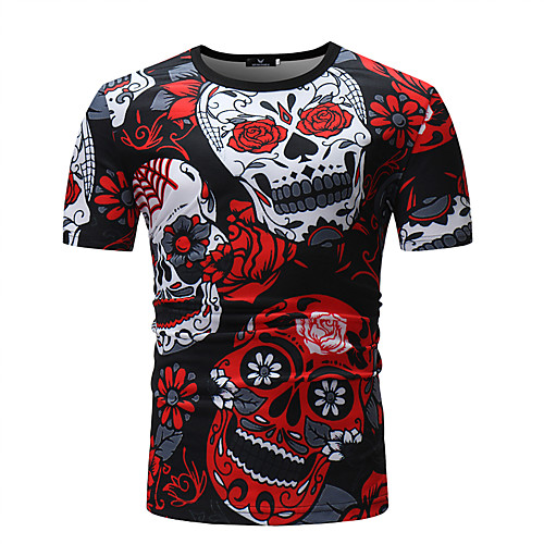 

Men's T shirt Floral Skull Print Tops Round Neck Red