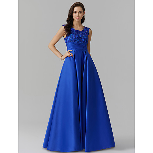 

A-Line Elegant Prom Formal Evening Dress Jewel Neck Sleeveless Floor Length Stretch Satin with Beading Appliques 2021