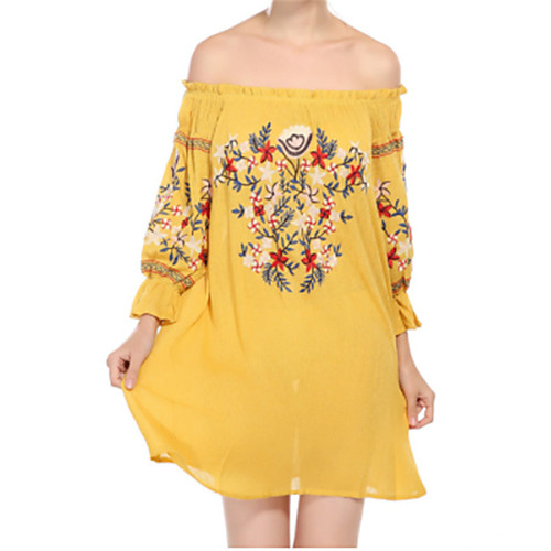 

Women's Shift Dress Short Mini Dress Yellow Red 3/4 Length Sleeve Black Tribal Print Summer Off Shoulder Holiday Puff Sleeve Off Shoulder S M L XL / Cotton / Floral / Cotton