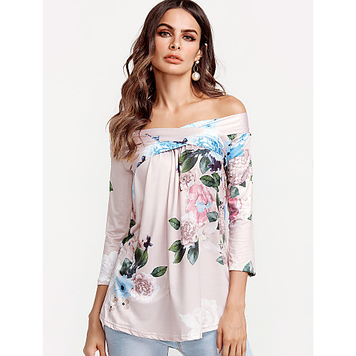 

Women's Blouse Floral Print 3/4 Length Sleeve Going out Tops Cotton Boho Red Blushing Pink Khaki