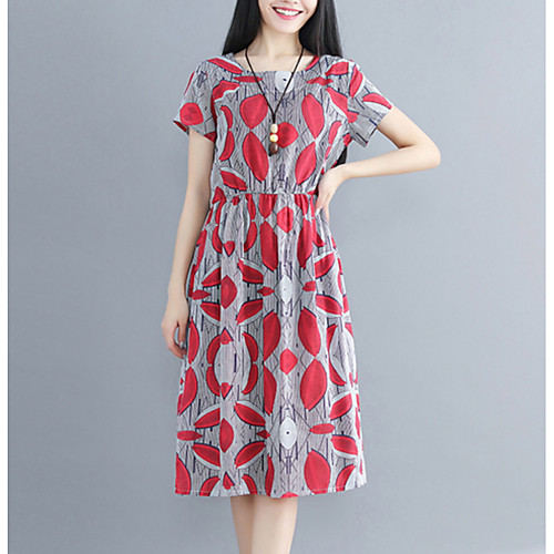 

Women's A Line Dress Midi Dress Green Red Short Sleeve Geometric Summer Round Neck Basic Holiday M L XL XXL / Cotton / Cotton