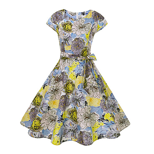 

Women's Swing Dress Knee Length Dress Yellow Short Sleeve Floral Print Summer Round Neck Going out Slim S M L XL XXL / Cotton / Cotton