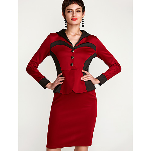 

Women's Bodycon Knee Length Dress Blushing Pink Wine White Long Sleeve Black & White White Dusty Rose Color Block Patchwork Fall Spring Shirt Collar Streetwear Work Slim S M L XL XXL