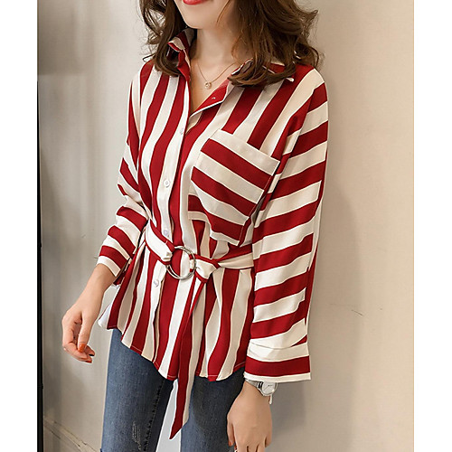 

Women's Blouse Striped Long Sleeve Going out Tops Black Red