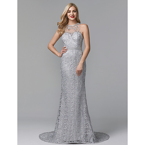 

Sheath / Column Sparkle & Shine See Through Beaded & Sequin Prom Formal Evening Dress Illusion Neck Sleeveless Sweep / Brush Train Lace with Beading Appliques 2021