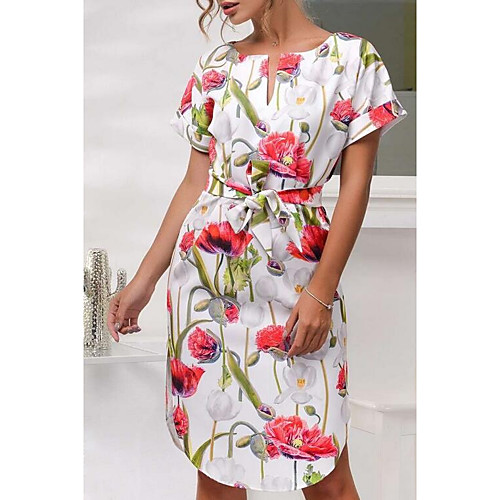 

Women's Sheath Dress Knee Length Dress Purple Green Red Short Sleeve Floral Print Summer Round Neck Going out Floral S M L XL