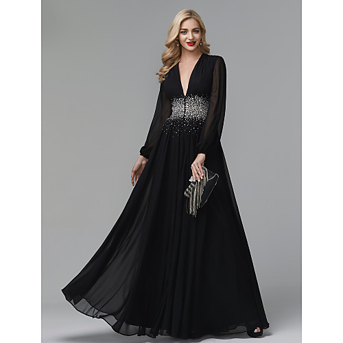 

A-Line Celebrity Style Empire Wedding Guest Formal Evening Dress V Neck Long Sleeve Floor Length Chiffon with Crystals 2021