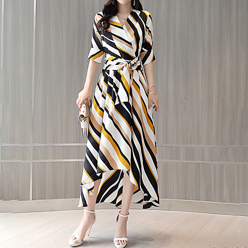 

Women's Sheath Dress Midi Dress White Half Sleeve Striped Lace up Print Summer V Neck Streetwear Sophisticated Going out Slim S M L XL XXL / Cotton / Cotton