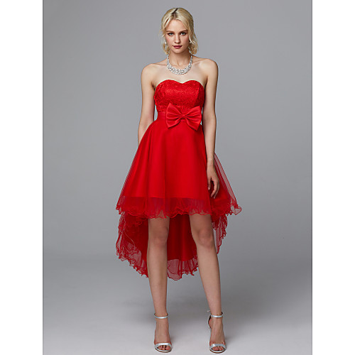 

A-Line Strapless Asymmetrical Lace / Tulle Open Back Cocktail Party Dress with Bow(s) / Lace by TS Couture