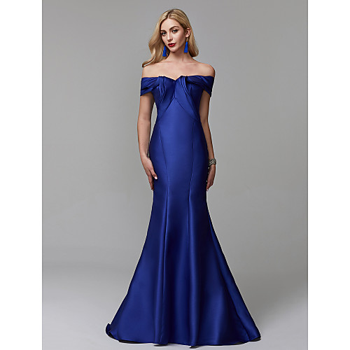 

Mermaid / Trumpet Elegant Prom Formal Evening Dress Off Shoulder Short Sleeve Sweep / Brush Train Satin with Ruffles 2021