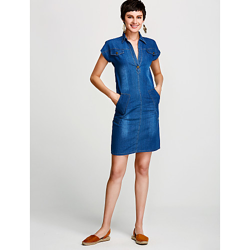 

Women's Denim Dress Short Mini Dress Blue Short Sleeve Solid Colored Spring V Neck Basic S M L XL XXL 3XL / Cotton / Plus Size / Plus Size / Cotton