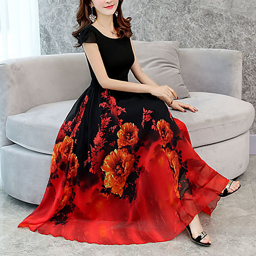 

Women's Chiffon Dress Midi Dress Blue Purple Green Red Short Sleeve Floral Print Round Neck Long Going out Loose Floral S M L XL XXL 3XL 4XL 5XL / Plus Size / Plus Size