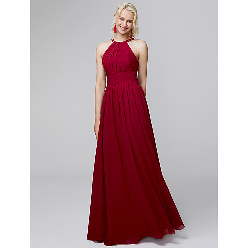 

A-Line Halter Neck Floor Length Chiffon Bridesmaid Dress with Ruffles / Side Draping / Open Back