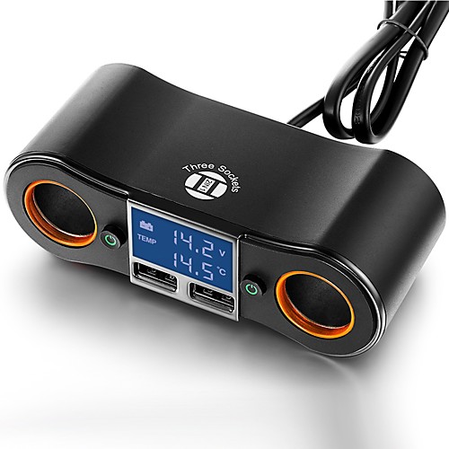 

Car Charging Adapter Two Power Socket and Dual USB Ports Digital LED Voltmeter / Thermometer for 5 V