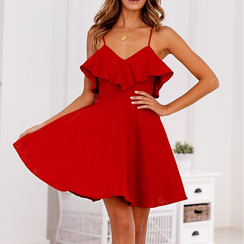 

Women's Strap Dress Short Mini Dress Red Sleeveless Solid Colored Ruffle Spring Summer Basic Streetwear Going out Slim Ruffle S M L XL / Super Sexy