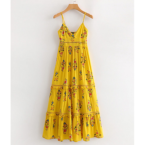 

Women's Strap Dress Knee Length Dress Yellow Sleeveless Floral S M L / Sexy