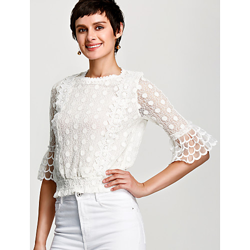 

Women's Blouse Solid Colored Ruffle Lace 3/4 Length Sleeve Daily Tops White Blushing Pink