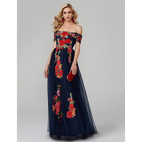 

A-Line Floral Prom Formal Evening Dress Off Shoulder Sleeveless Floor Length Lace Over Tulle with Embroidery Appliques 2021
