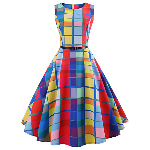 

Women's A Line Dress Knee Length Dress Rainbow Sleeveless Plaid Check Spring Summer Round Neck Vintage Going out Plaid S M L XL XXL / Cotton / Cotton
