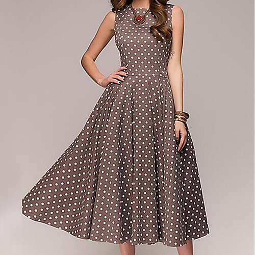 

Women's A Line Dress Midi Dress Red Brown Sleeveless Polka Dot Summer Round Neck Vintage Party Going out Belt Not Included Polka Dot S M L XL / Cotton / Cotton