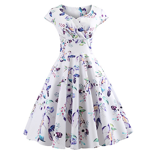 

Women's Swing Dress Knee Length Dress White Short Sleeve Floral Print Spring Summer Sweetheart Neckline Vintage Going out Slim S M L XL XXL / Cotton / Cotton