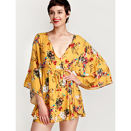 

Women's Loose Knee Length Dress Yellow 3/4 Length Sleeve Solid Colored Print Spring Summer V Neck Streetwear Going out Flare Cuff Sleeve Floral S M L / Cotton / Cotton