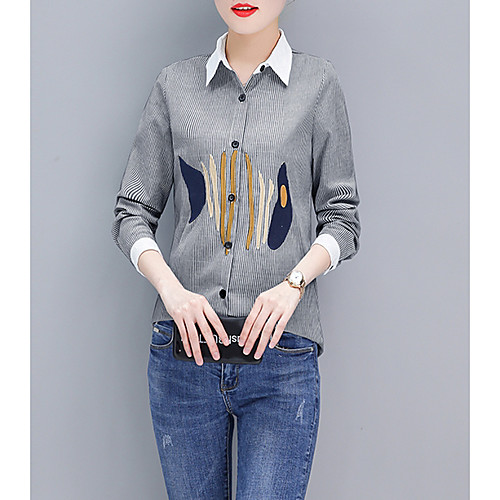 

Women's Shirt Striped Short Sleeve Daily Tops Cotton Blue Gray