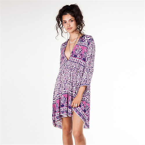 

Women's Chiffon Dress Short Mini Dress Purple Long Sleeve Deep V Boho Bohemia Beach S M L XL