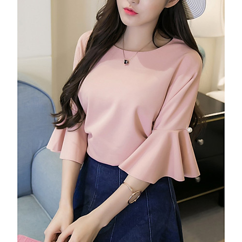 

Women's Blouse Solid Colored Plus Size 3/4 Length Sleeve Daily Tops Basic White Blue Blushing Pink