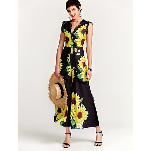 

Women's Basic Retro Boho Daily Holiday Going out V Neck Floral Black Jumpsuit Stitching Lace Vintage Floral Slim Print Chiffon