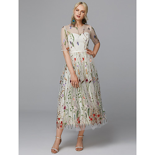 

A-Line White Floral Holiday Cocktail Party Valentine's Day Dress Illusion Neck Half Sleeve Tea Length Lace Tulle with Embroidery Appliques 2021