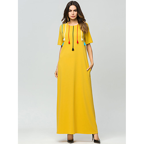 

Women's Abaya Maxi long Dress Yellow White Short Sleeve Geometric Patchwork Summer Round Neck Basic M L XL XXL
