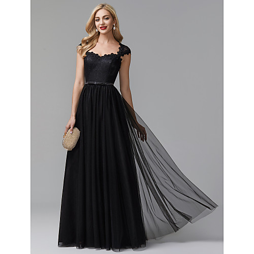 

A-Line Elegant Prom Formal Evening Dress Queen Anne Sleeveless Sweep / Brush Train Lace Tulle with Sash / Ribbon 2020