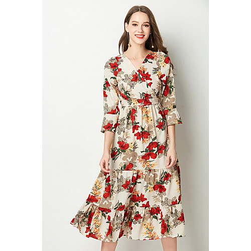 

Women's Sheath Dress Midi Dress Blue Green Orange Red 3/4 Length Sleeve Floral V Neck S M L XL