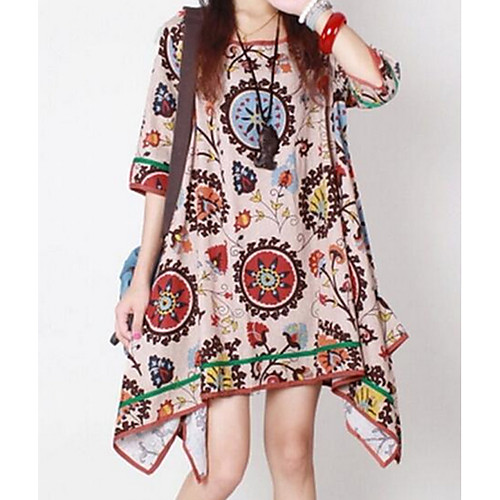 

Women's Chiffon Dress Short Mini Dress Khaki Short Sleeve Floral Round Neck Loose M L XL XXL