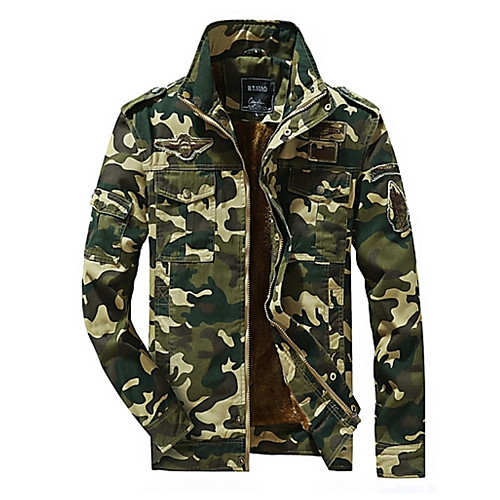

Men's Jacket Daily Spring Regular Coat Stand Collar Military Jacket Long Sleeve Camo / Camouflage Print Army Green Khaki / Cotton