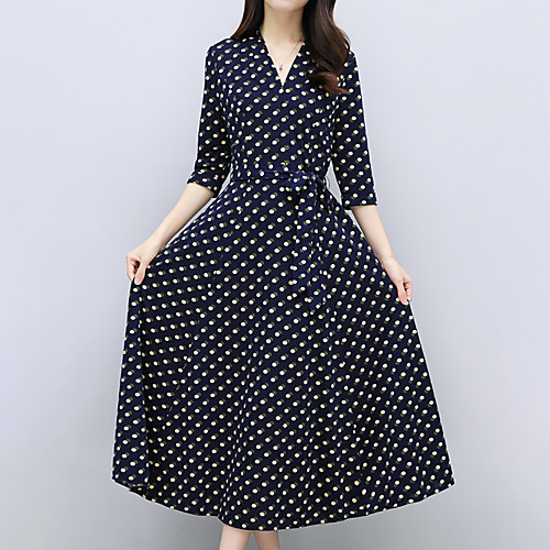 

Women's Sheath Dress Navy Blue 3/4 Length Sleeve Polka Dot Lace up Print Summer V Neck Streetwear Sophisticated Holiday Going out Slim Polka Dot S M L XL XXL 3XL / Plus Size / Maxi / Plus Size