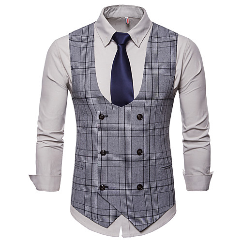 

Men's Vest Daily Work Business Basic Plaid Slim Cotton / Polyester Men's Suit Khaki / Light gray / Dark Gray - V Neck / Fall / Winter / Sleeveless / Plus Size / Business Casual