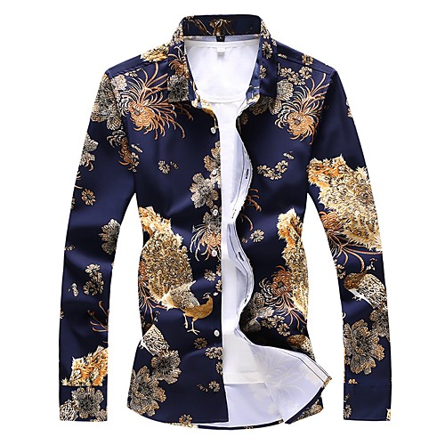 

Men's Shirt Floral Animal Print Long Sleeve Daily Slim Tops Basic Navy Blue / Fall / Spring