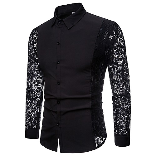 

Men's Shirt Solid Colored Cut Out Lace Long Sleeve Daily Tops Luxury Basic Sexy White Black / Club / Patchwork